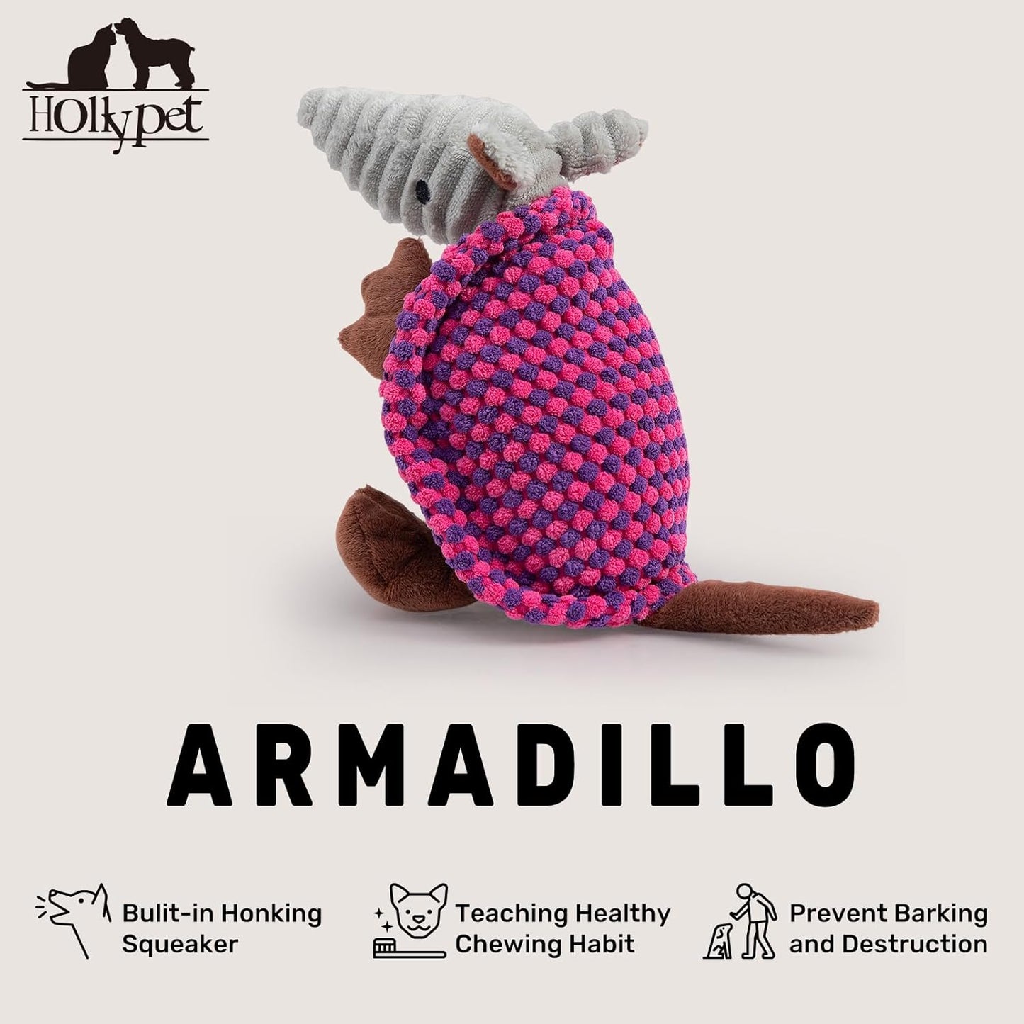 Hollypet Plush Dog Squeaky Toy Stuffed Armadillo Animal Pet Puppy Chew Toys with Clean Teeth for Small Medium Large All Breed Sizes Dogs, Rose Red and Purple,8 in