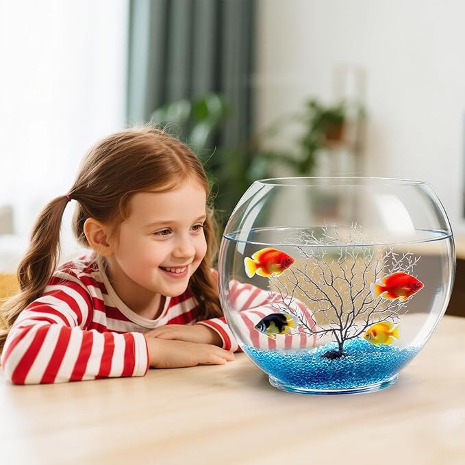 Okllen Mini Glass Fish Bowl, Oblate Small Fish Tank with Blue Aquarium Decor Sands and Plastic Coral Branch Tree Ornament for Betta Fish Aquarium, 1Gallon