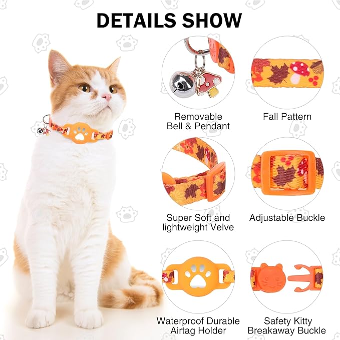 AirTag Cat Collar with Bells, Fall Cat Collar Breakaway with Airtag Holder, Safety Cat GPS Tracker Collars for Girl Boy Cats, Kittens and Puppies, Adjustable 8"-12"
