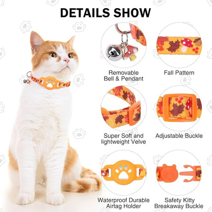 AirTag Cat Collar with Bells, Fall Cat Collar Breakaway with Airtag Holder, Safety Cat GPS Tracker Collars for Girl Boy Cats, Kittens and Puppies, Adjustable 8"-12"