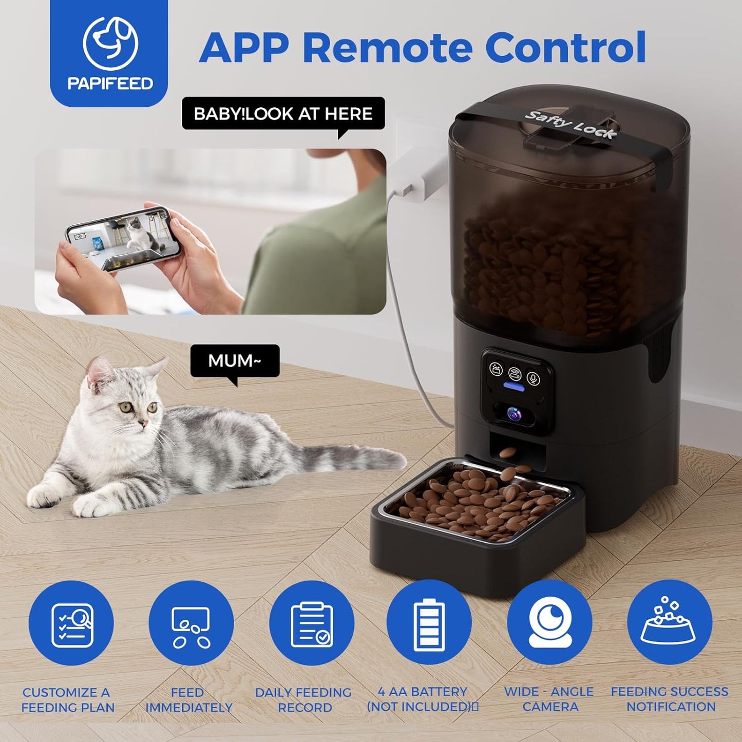 PAPIFEED Automatic Cat Feeder,Camera 1080P HD - 6L Pet Feeder, 2.4/5G WiFi Smart App Control, Bluetooth Assist Link,Wide-Angle Lens,Automatic Feeder for Small and Medium-Sized Pets (Wide Angle Video)