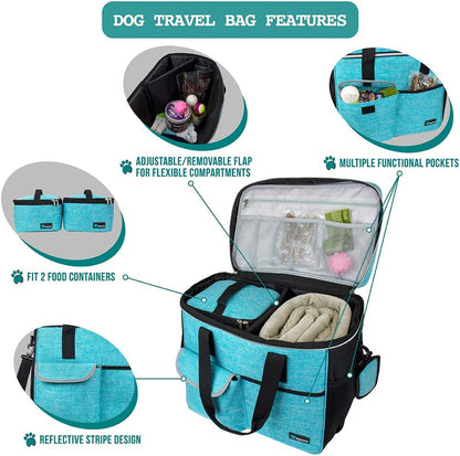 PetAmi Travel Bag Organizer - Dog & Cat Diaper Bag with Food Container and Bowls, Perfect for Weekend Camping (Sea Blue, Large)