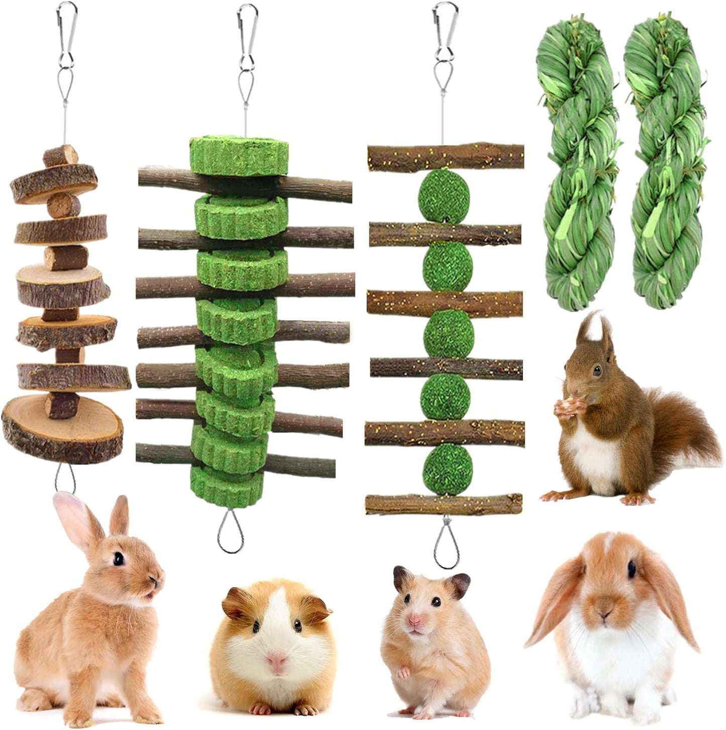 5pcs Rabbit Toys,Bunny Chew Treat for Teeth Grinding,Hanging Timothy Hay Ball +Apple Stick Wood +Alfalfa Grass Cake Food Snack for Cage Guinea Pig Chinchilla Hamster Squirrel Gerbil Rat Parrot