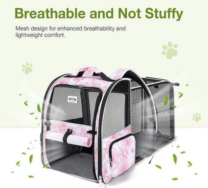 Lekebobor Large Cat Backpack Carrier Expandable Pet Carrier Backpack for Small Dogs Medium Cats Fit Up to 18 Lbs,Dogs Foldable Puppy Backpack Carrier for Travel, Hiking,Pink Flowers Pattern
