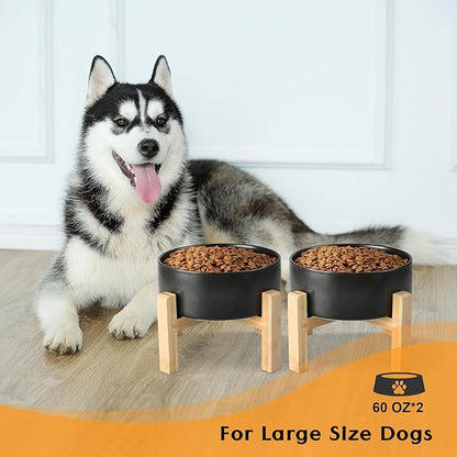 SPUNKYJUNKY Ceramic Elevated Dog Bowls 2 Pack - 8.3inch Raised Dog Bowls with Non-Slip Wooden Stand for Large Dogs Dishwasher Safe(Black,60OZ*2)