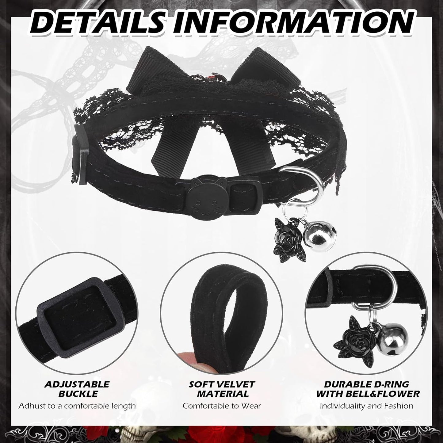 EXPAWLORER Halloween Cat Collar,Adjustable Soft Velvet Cat Collar Breakaway with Flower Accessory and Bell,Safety Quick Release Gothic Style Pet Collar for Cat,Kitten,Small Dog