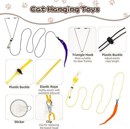 Cat Feather Toys, Enhanced Suction Cup Cat Toys, Interactive Cats Teaser Wand, 10pcs Fishing Pole Feathers Toy Replacements & 2pcs Bouncy Balls, 2 Types Door Hanging Cats String Toy
