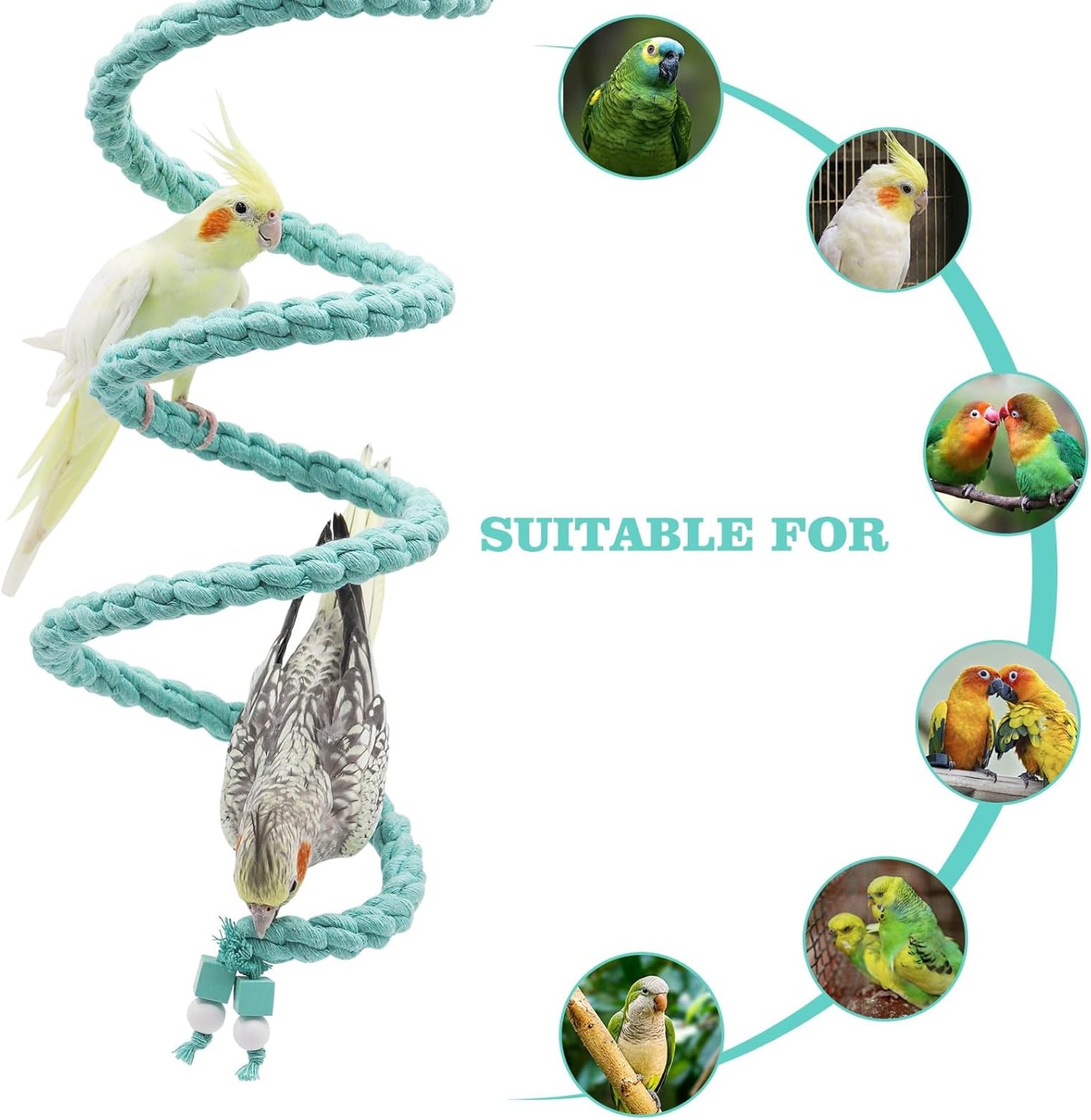 Bird Cage Accessories: Hanging Spiral Bird Rope Perch with Metal Hook, for Budgie, Lovebird, Parakeet, Cockatiel, Conure, Quaker, Caique, Small to Medium Birds