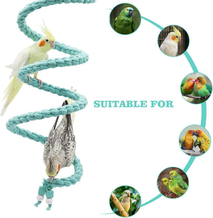 Bird Cage Accessories: Hanging Spiral Bird Rope Perch with Metal Hook, for Budgie, Lovebird, Parakeet, Cockatiel, Conure, Quaker, Caique, Small to Medium Birds