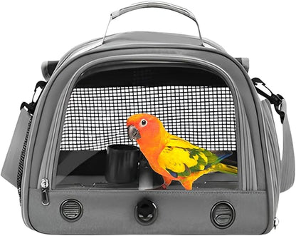Bird Backpack,with Feeder Cups Tray Perch Portable Breathable Bird Carrier,for Small Birds Parrots Cockatiels (Gray)