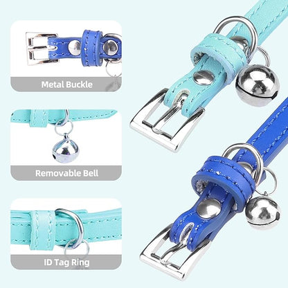 PUPTECK 2 PCS Soft Genuine Leather Cat Kitten Collar with Bells Adjustable for Girl Boy Cats Puppy - Pale Turquoise, Navy Blue