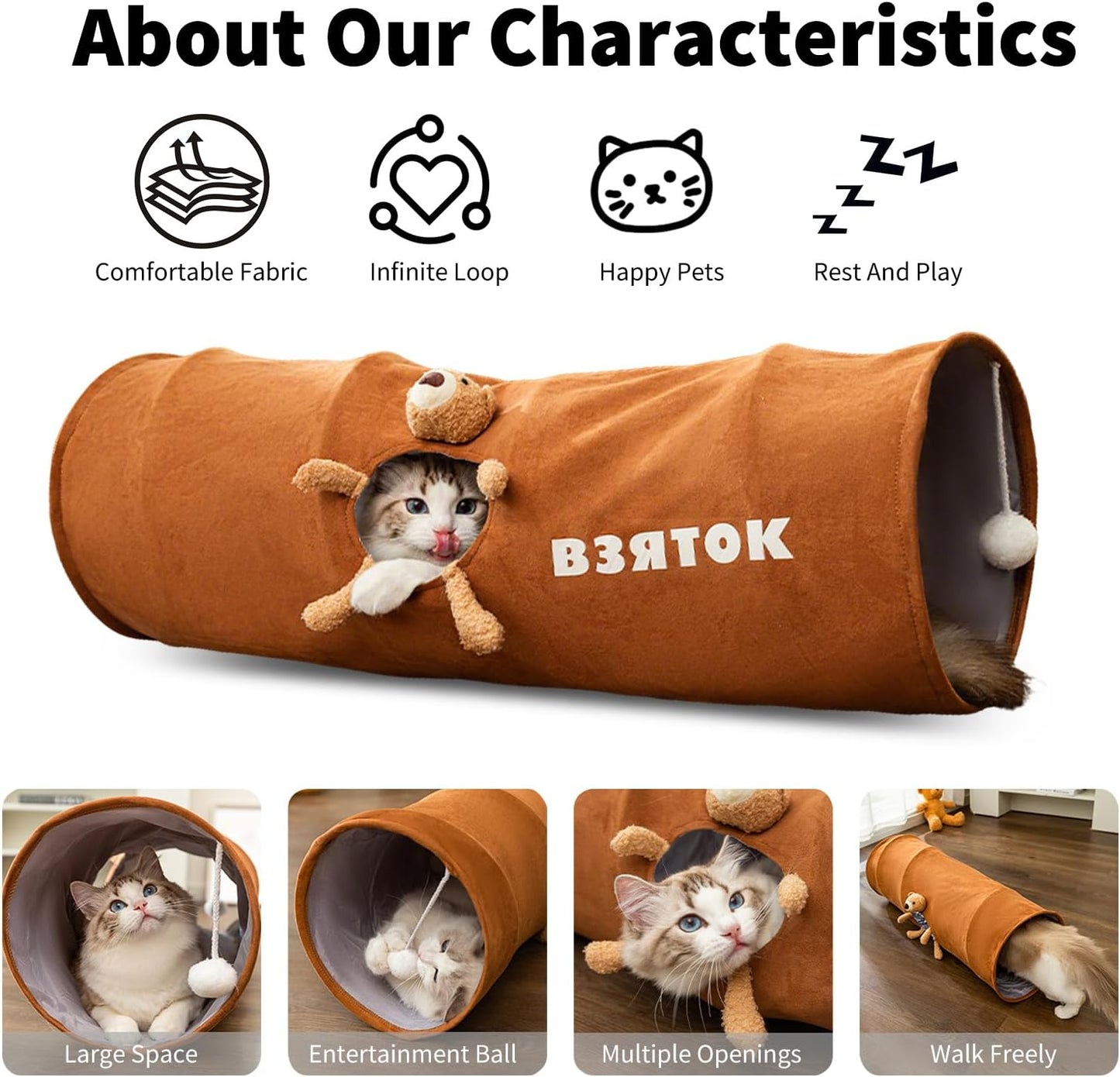 Cat Tunnels for Indoor Cats, Collapsible Pet Play Tube with Cat Toys and One Peek Hole, Pet Hideout Hideaway for Cats, Kittens, Bunny Rabbits, Ferrets, Puppy,Gray,S