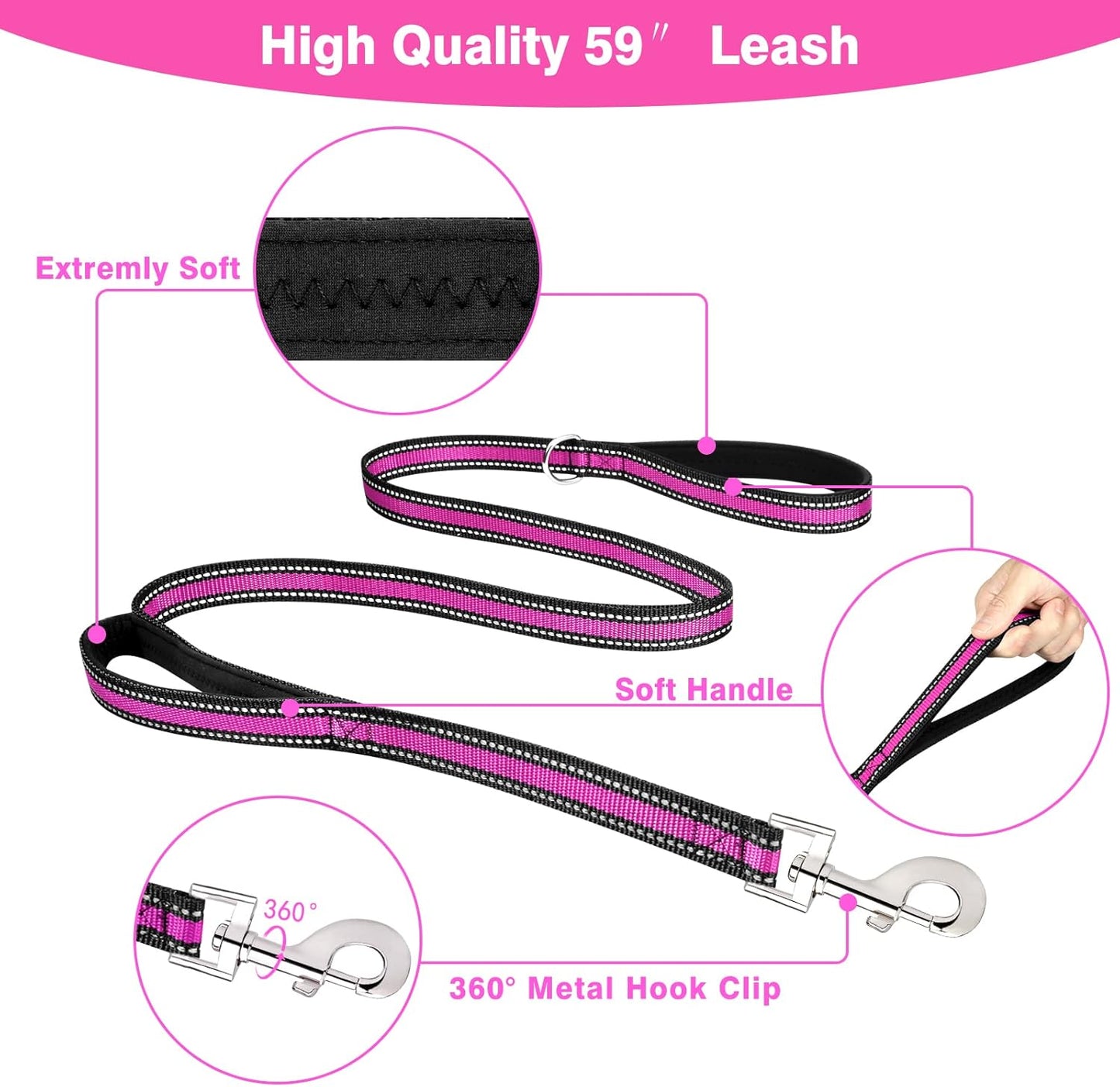 WINSEE Pet Harness Collar and Leash Set, All-in-one Reflective Dog Harness No Pull with Adjustable Buckles for Puppies, Small, Medium, Large, and Extra-Large Dogs (Large, Rosy)