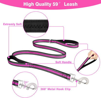 WINSEE Pet Harness Collar and Leash Set, All-in-one Reflective Dog Harness No Pull with Adjustable Buckles for Puppies, Small, Medium, Large, and Extra-Large Dogs (Medium, Rosy)