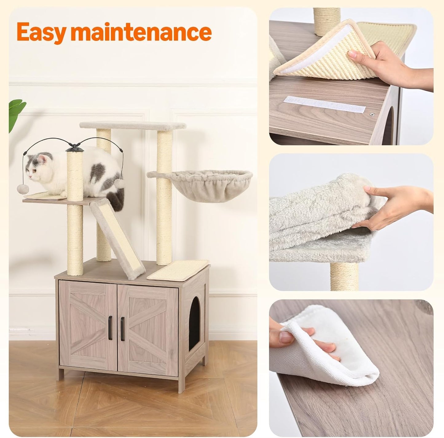 Amazon Basics Furniture Style Cat Tree with Litter Box Enclosure, Cat Tree with Scratching Posts, Sisal Pad, Cozy Perch and Hammock