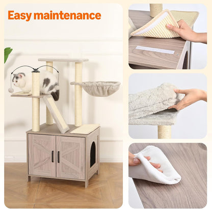 Amazon Basics Furniture Style Cat Tree with Litter Box Enclosure, Cat Tree with Scratching Posts, Sisal Pad, Cozy Perch and Hammock