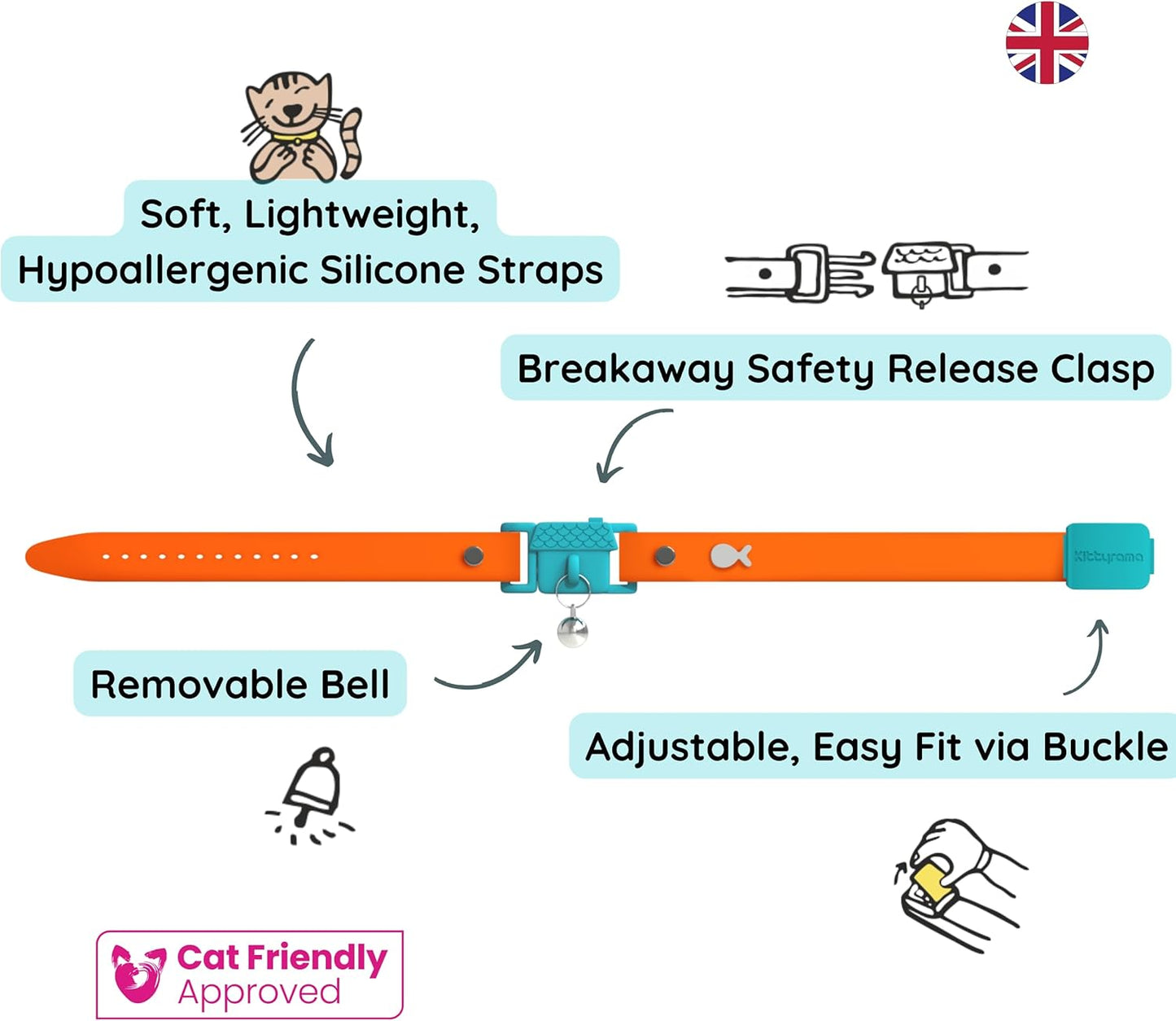 Kittyrama Tangerine Cat Collar with Bell. Cat Friendly Award Winner. Approved by Vets and Cat Experts. Breakaway Cat Collars Quick Release. Kitten Collar. Won't Rub Fur. Lightweight, Soft & Comfy