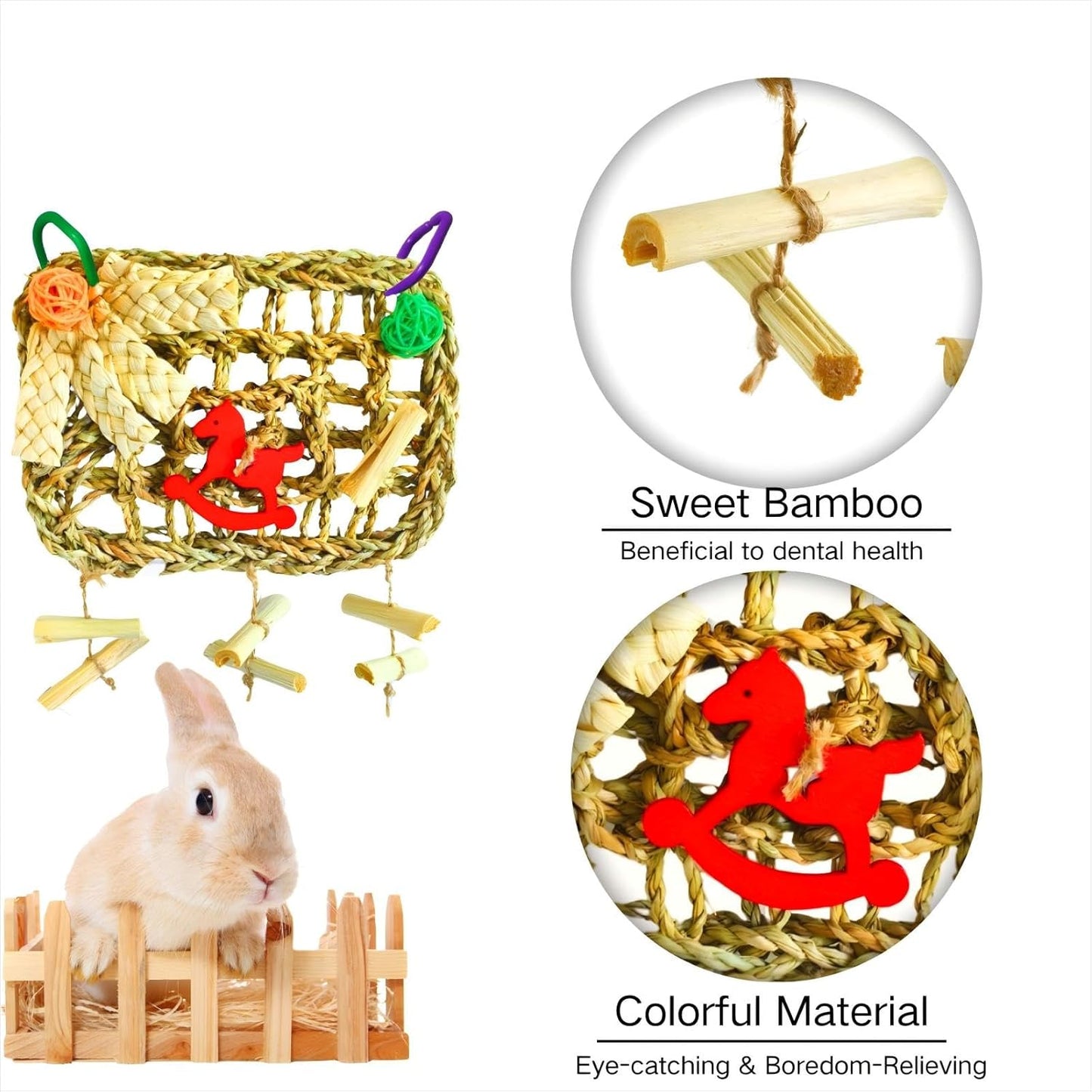 Rabbits Chew Toy,Bunny Cage Hanging Chew Toys and Treats,Grass with Sweet Bamboo for Guinea Pigs Chinchillas Hamsters Rats