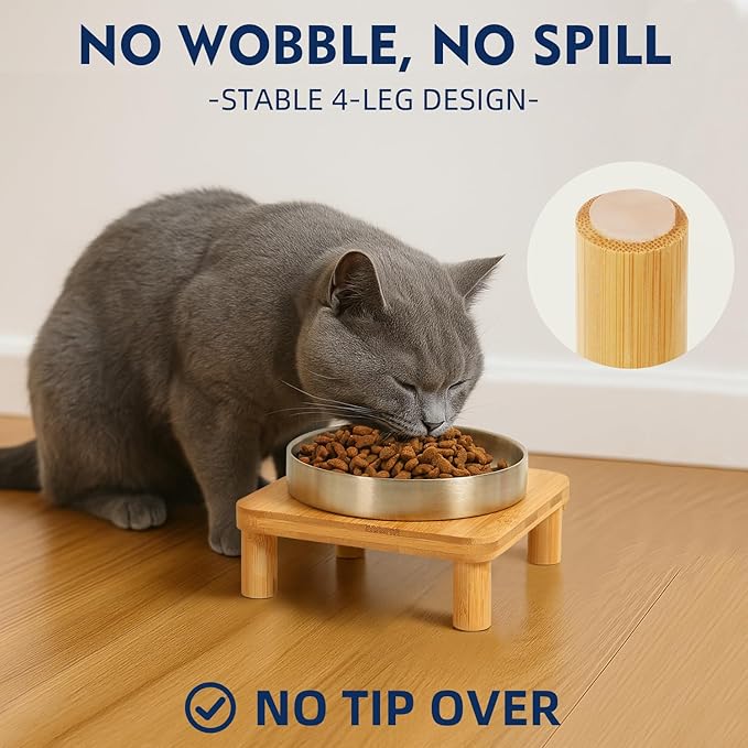 Elevated Cat Bowls for Indoor Cats – Raised Bamboo Cat Bowl Stand with 5.5 Inch Wide Stainless Steel Dishes, Pet Food Table Plate for Easy Feeding, Whisker Friendly(Silver,Set of 2)