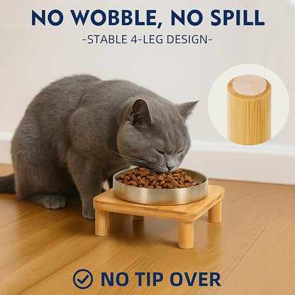 Elevated Cat Bowls for Indoor Cats – Raised Bamboo Cat Bowl Stand with 5.5 Inch Wide Stainless Steel Dishes, Pet Food Table Plate for Easy Feeding, Whisker Friendly(Silver,Set of 2)