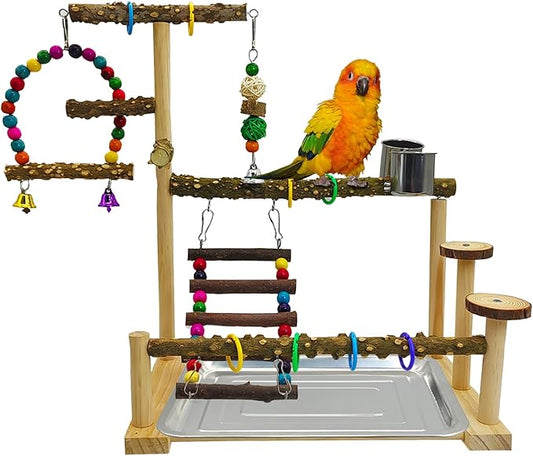 kathson Parrot Play Stand Parakeet Playground Bird Jungle Gym Wood Conure Playstand Hanging Chewing Toys with Swings and Feeder Cups Bird Cage Accessories for Cockatiel Lovebirds Budgie