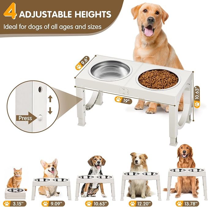 Elevated Dog Bowls Large Breed XIAZ Raised Dogs Bowl Stand Large/Medium Sized Dog 1L Food Water Bowl Stands 5 Heights Adjustable 9/11/12/17in White Pet Feeder Dish Station