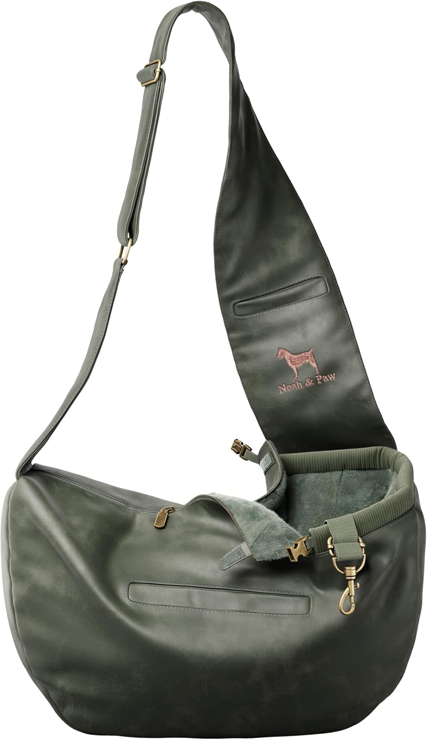 Noah & Paw Dog Sling Carrier for Small Dogs 5-18lb, Dog Sling for Small Dogs and Cats, Dog Carrier with Adjustable Padded Strap, Vegan Denim Lined with Fur, 3X Safety Features, Machine Washable