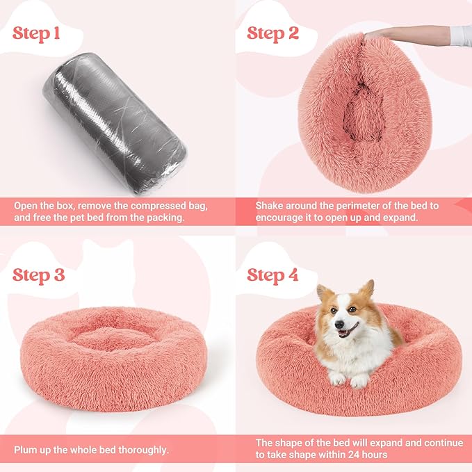 rabbitgoo Calming Dog Bed for Small Medium, 30 inches Pet Bed Machine Washable, Non-Slip Round Fluffy Plush Faux Fur Large Cat Cushion, Soft Donut Cuddler Cushion for Small Dogs, Pink