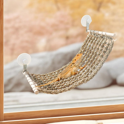 23 × 9 Inch Large Bearded Dragon Hammock, Reptile Window Bed, Seagrass Mat Window Perch Toy with Powerful Suction Cups, Climbing Accessories for Bird Parrot Lizard Leopard Gecko Guinea Pig Rat