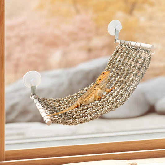 23 × 9 Inch Large Bearded Dragon Hammock, Reptile Window Bed, Seagrass Mat Window Perch Toy with Powerful Suction Cups, Climbing Accessories for Bird Parrot Lizard Leopard Gecko Guinea Pig Rat