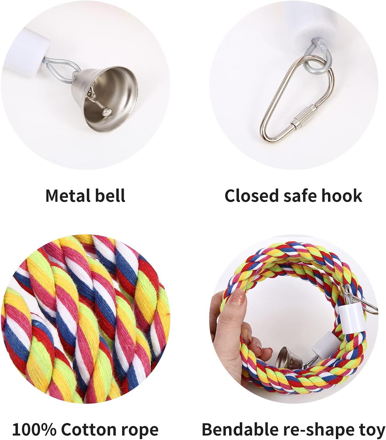 2Pcs 43'' Bird Rope Perches Birdcage Swing Toys 100% Cotton Natural Bird Perch Peck/Chewing with Bell Climbing Standing Bungee Parrot Toys for Small to Regular Size Parrot Cockatiel Birds