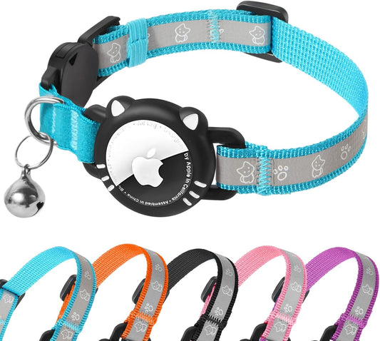 Airtag Cat Collar, Reflective Cat Collar with Apple Air Tag Holder, Breakaway GPS Tracker Pet Collar with Bell for Cat Kitten, Airtag Not Included, Blue, S(9-11 Inch)