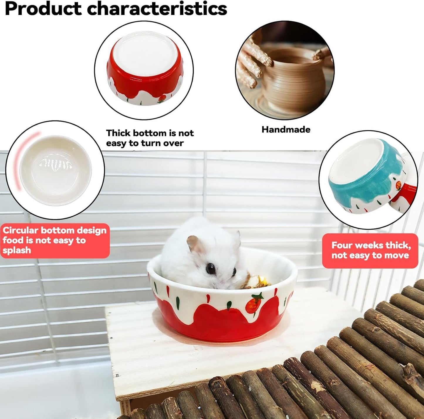 2 Pack Hamster Food Bowl Small Animals Ceramic Food Water Bowl Rat Bowls Prevent Tipping Moving for Gerbil Chinchilla Hedgehog (Color: Red + Blue)