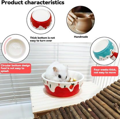 2 Pack Hamster Food Bowl Small Animals Ceramic Food Water Bowl Rat Bowls Prevent Tipping Moving for Gerbil Chinchilla Hedgehog (Color: Red + Blue)