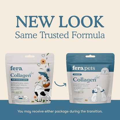 Fera Pets Cat & Dog Collagen Powder - Bone, Gut, Joint and Skin Supplement - 5 Types of Collagen + Clinically Studied UC-II® - 4.23 oz