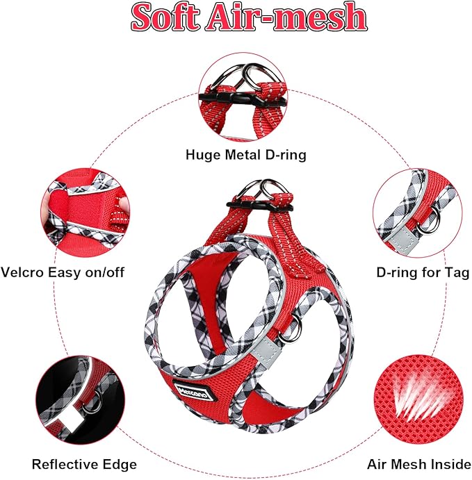 Mercano Soft Mesh Dog Harness and Leash Set, No-Chock Step-in Reflective Breathable Lightweight Easy Walk Vest Harnesses with Safety Buckle for Small Dogs, Cats (Red, XL)