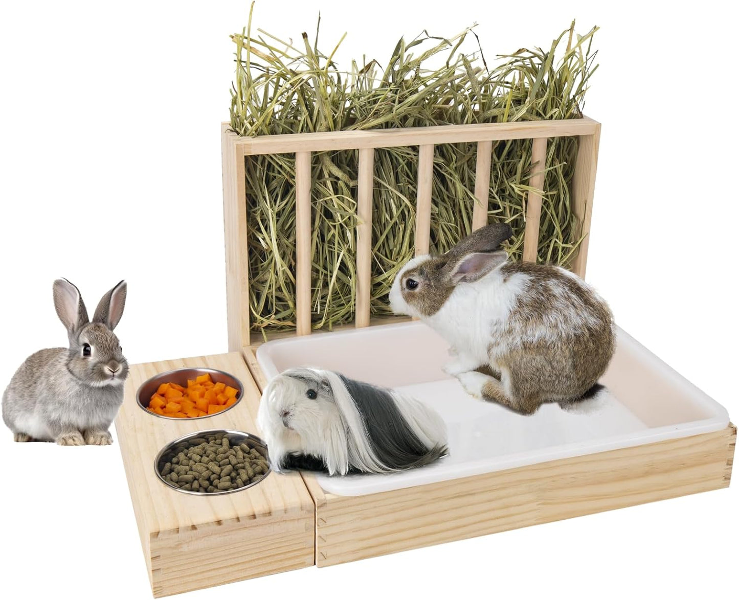 3 in 1 Rabbit Hay Feeder with Litter Box,Wooden Hay Feeder with 2 Bowls & Litter Box for Guinea Pig Chinchilla Bunny Other Small Animals,Large Capacity & Preventing Waste