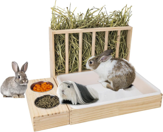3 in 1 Rabbit Hay Feeder with Litter Box,Wooden Hay Feeder with 2 Bowls & Litter Box for Guinea Pig Chinchilla Bunny Other Small Animals,Large Capacity & Preventing Waste