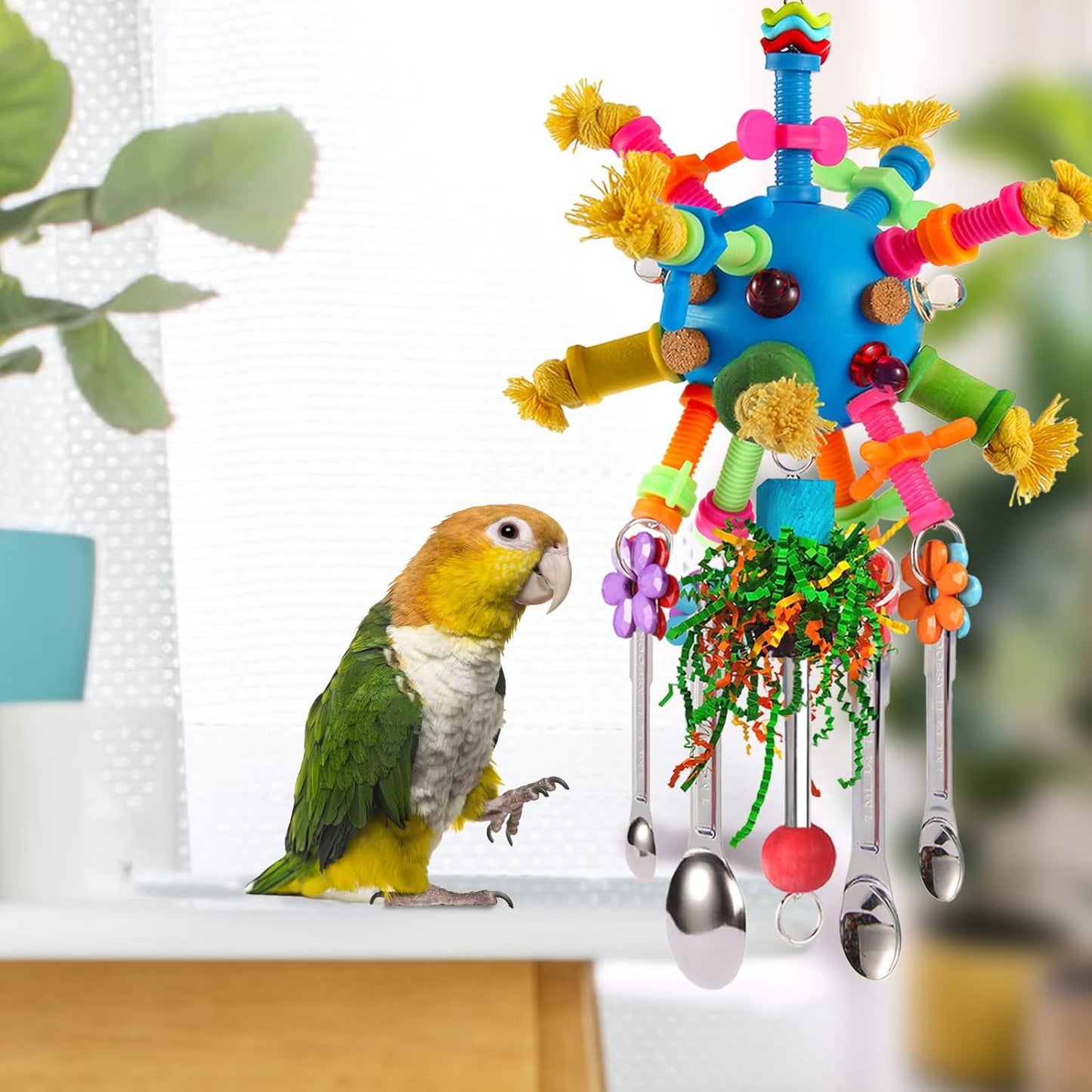 Parrot Toys Bird Toys Perch Pullable Stainless Steel Spoons Colorful Acrylic Stick Chew Toys for Amazons Mini Macaws African Greys Cockatoos Conures, Cockatiels, Lovebirds, Parrotlets and Other (blue)