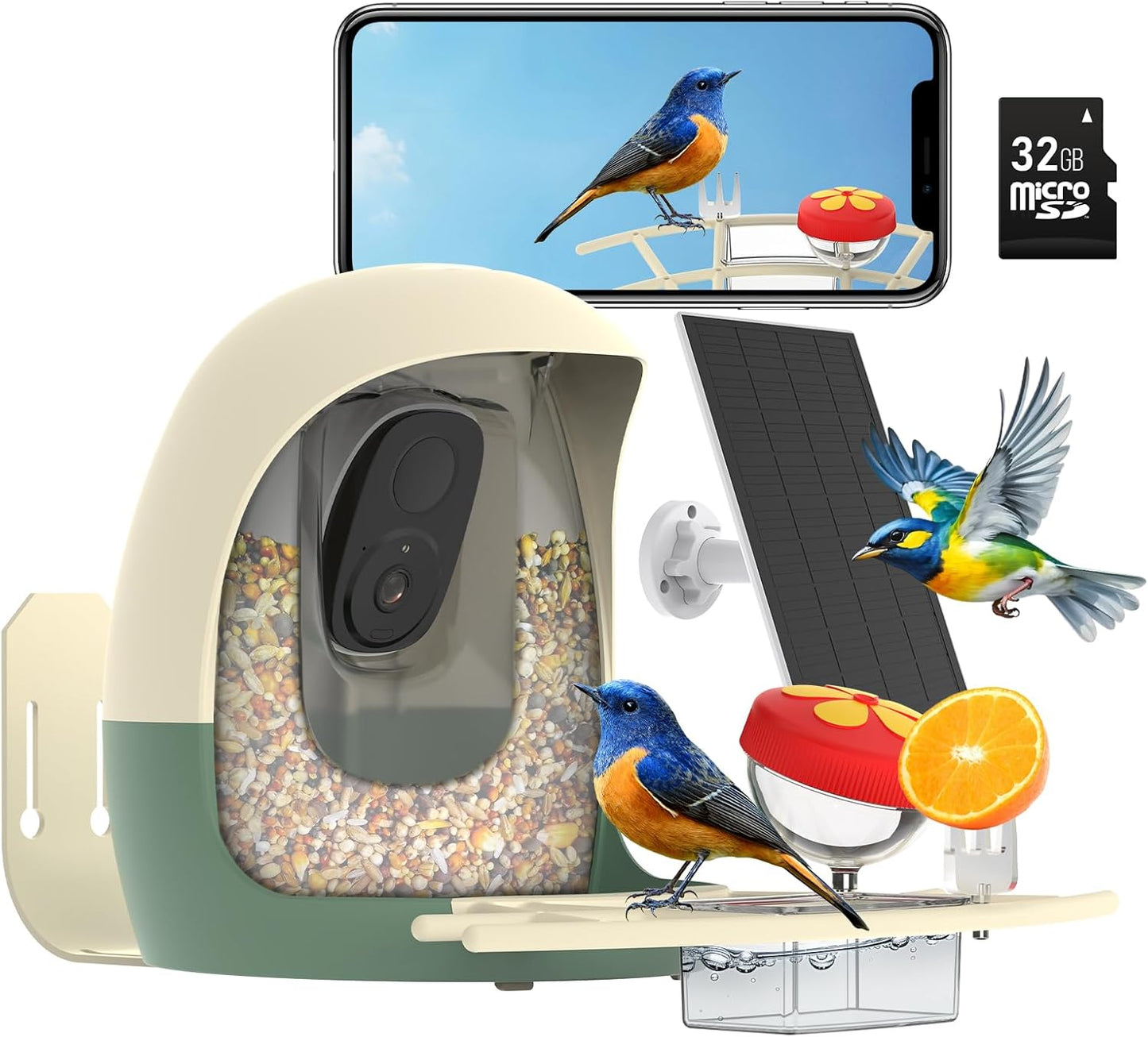 Bird Feeder with Camera Solar Powered, Smart Bird Feeder with AI Identify, 2K HD Live View and Instant Notification, Ideal Gift for Bird Lover(with 32G Card)