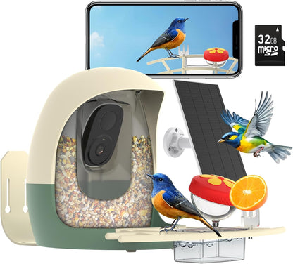 Bird Feeder with Camera Solar Powered, Smart Bird Feeder with AI Identify, 2K HD Live View and Instant Notification, Ideal Gift for Bird Lover(with 32G Card)