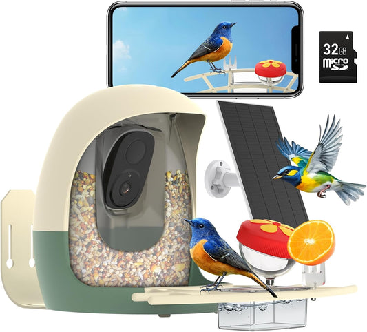 Bird Feeder with Camera Solar Powered, Smart Bird Feeder with AI Identify, 2K HD Live View and Instant Notification, Ideal Gift for Bird Lover(with 32G Card)