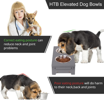 HTB Elevated Dog Bowls, Raised Dog Bowl Stand with 2 Stainless Steel Bowls, Elevated Raised Pets Bowls for Large Medium Small Sized Dogs- Grey Small