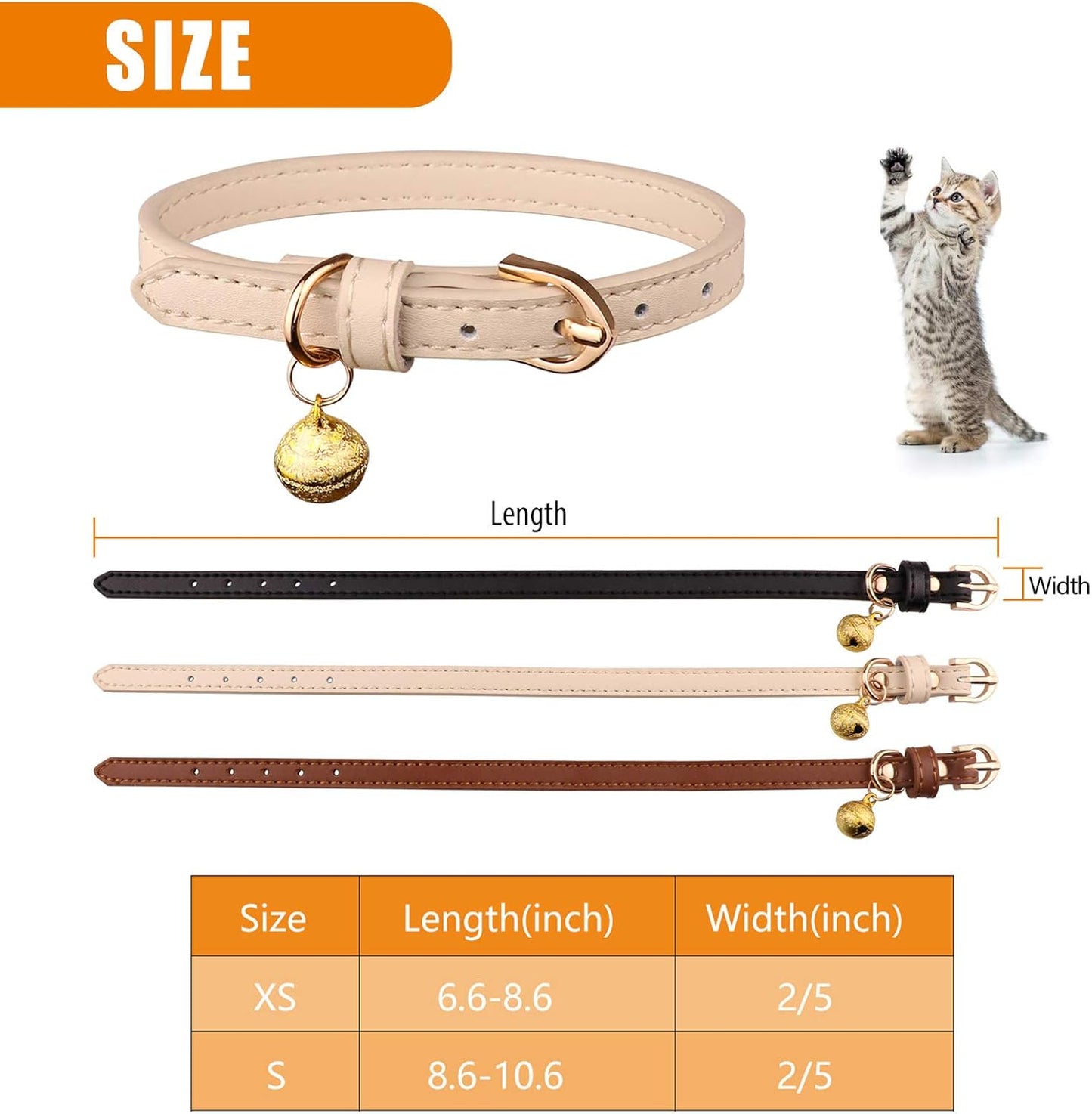 3 Pack Leather Cat Collars with Bells Soft Pet Safety Collar Kitten Collars with Bell Black Chocolate Beige(S)
