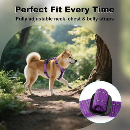 Plutus Pet Adjustable No Pull Dog Harness with Leather Accents, Heavy Duty Reflective Nylon Vest for Training, Hiking, Easy Walk Harness for Small, Medium, Large Dogs (Purple, L)