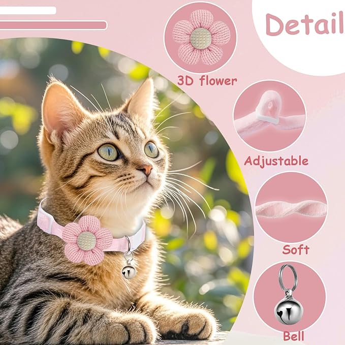 Breakaway Cat Collars with Bells, MUZIEBA Kitten Collar for Girl Boy Adjustable Safety Kitty Collars for Cats Puppy and Small Pets (Pink + White)