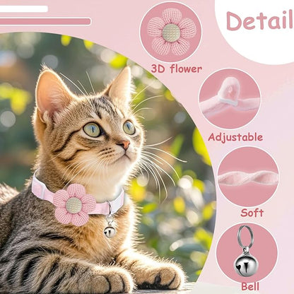 Breakaway Cat Collars with Bells, MUZIEBA Kitten Collar for Girl Boy Adjustable Safety Kitty Collars for Cats Puppy and Small Pets (Pink + White)