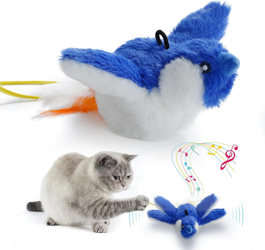 Flapping Bird Cat Toy, Interactive Catnip Kitten Toy with Lifelike Chirping, Rechargeable & Touch Activated for Bored Indoor Adult Cats of All Breeds, Blue