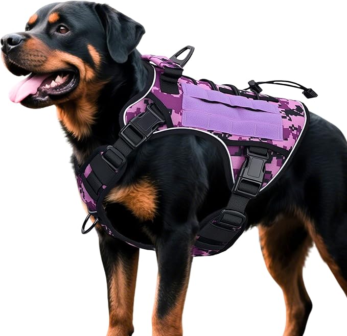 Heavy-Duty Tactical Dog Harness for Large Dogs, No Pull Adjustable Reflective Pet Vest with Molle System, K9 Military-Grade Control for Service Training, Outdoor & 10+ Breeds, Purple Camo, XX-Large
