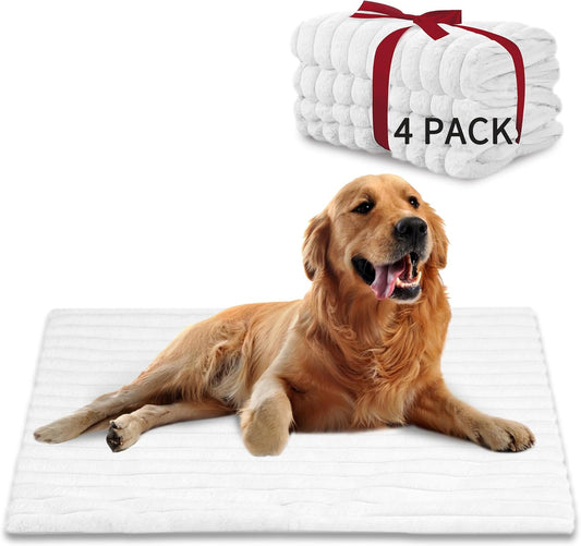 NWK Pack of 4 Fluffy Self Warming Cat Mat, Cat Blanket, Thermal Dog Mat, Washable, Non-Slip Bottom for Sofa & Crate & Kennel & Car Seat (Creamy White, Large (34'' X 22'' X 0.7''))